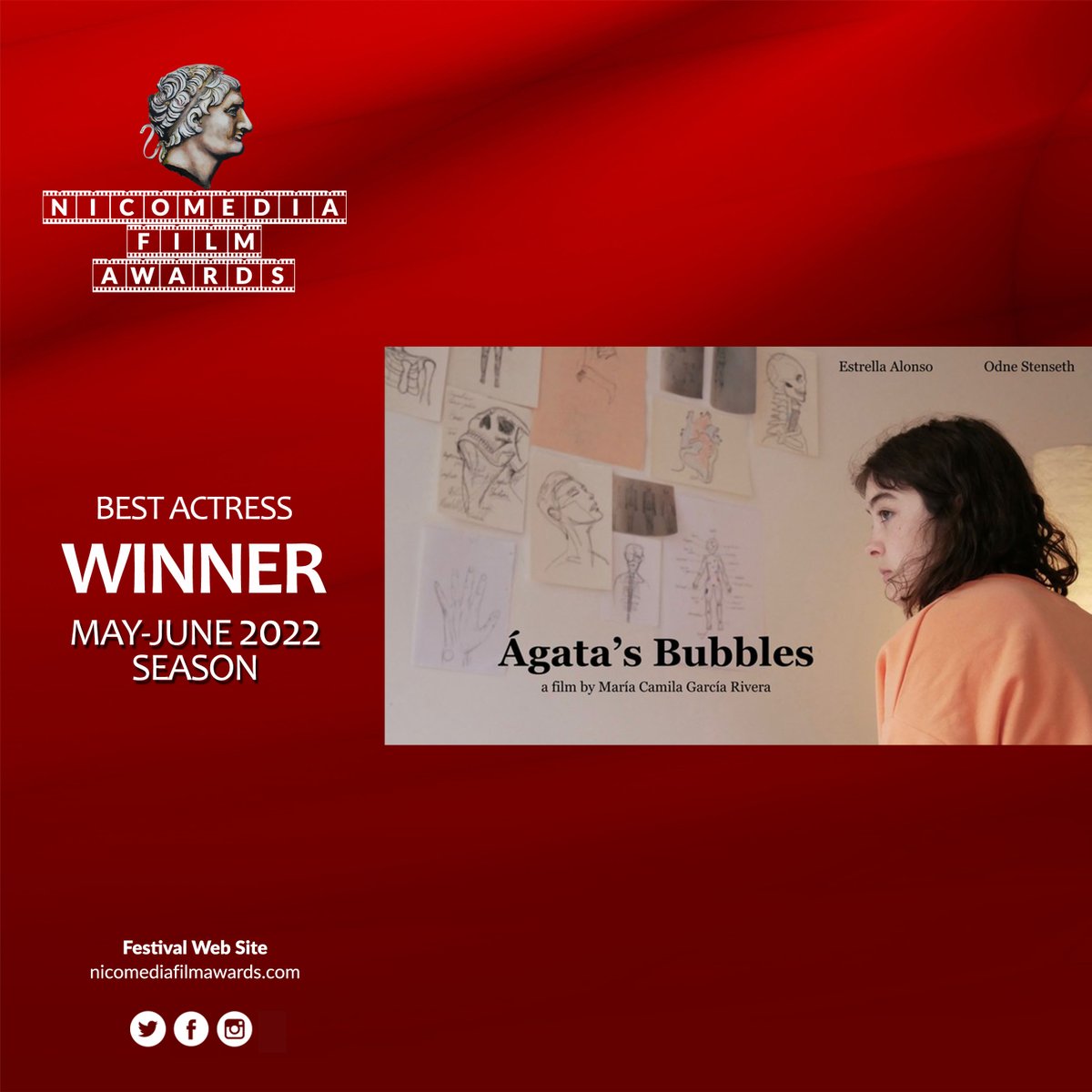 NicomediaAwards's tweet photo. NBMFA May-June 2022 Season Winners 🏆

🎖
Best Actress
María Camila Garcí­a Rivera | Ágata's Bubbles | 00:12:51 | United Kingdom

#shortfilm #shortfilmawards #film #director #producer #filmmaker #award #prize #winner #actress #bestactress https://t.co/ML9a4piLyc