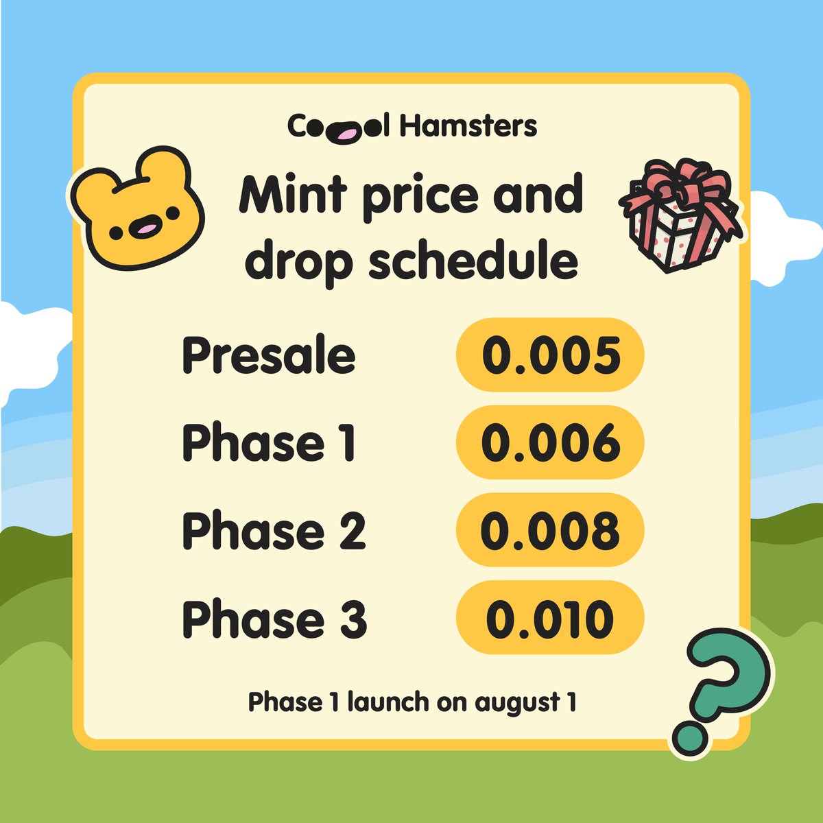 🐹New Prices!🐹

The presale is available now on <a href="/opensea/">OpenSea</a> 

🐹 opensea.io/collection/coo… 

Launching Phase 1 on august 1 at 8pm EST

#nft #nftart #nftproject #nftcommunity #nfts #nftarts