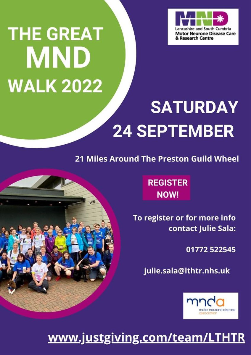 LancHospCharity's tweet photo. The MND team at @LancsHospitals are planning their 8th charity walk in support of their own unit and @mndassoc 🙏🏽 

Will you join them on 24th Sept? 🙌🏽

To register free, please call the MND office on 01772 522545.  

You can sponsor the team here: https://t.co/YvZWfpyKax https://t.co/94UEnLXibC