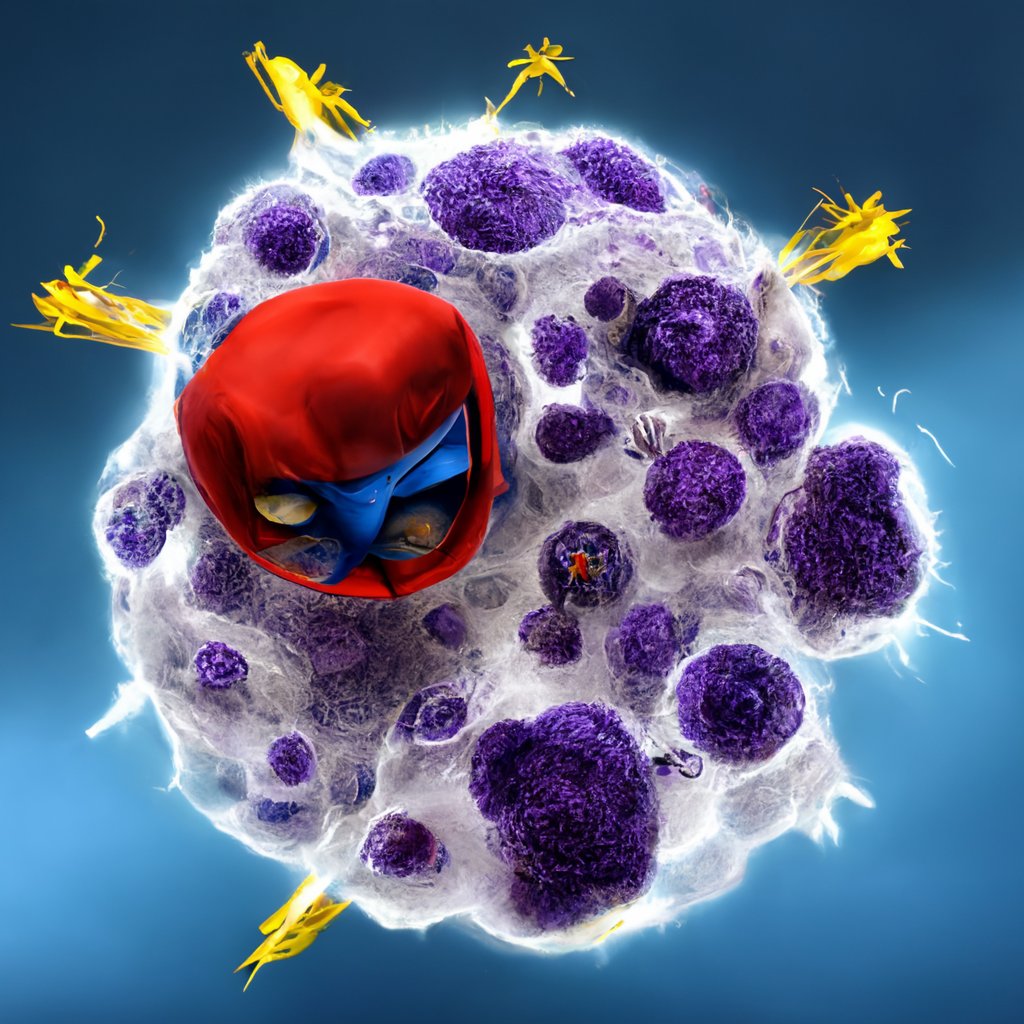 In case people were wondering how a "super hero immune cell attacking cancer cells" looks like. #midjourney
