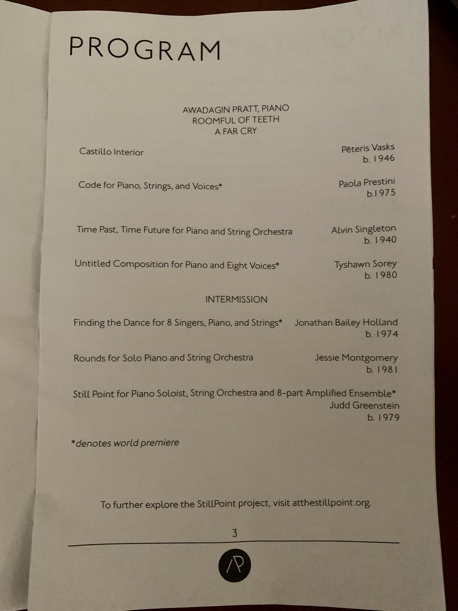 I’ve enjoyed some gorgeous programs from <a href="/ArtofthePiano/">Art of the Piano</a> this weekend. Friday was a recital of astonishing, honest artistry from <a href="/conradtao/">conrad tao</a>, and today was a monumental afternoon of premieres by <a href="/juddgreenstein/">Judd Greenstein</a> @paolaprestini Tyshawn Sorey, Alvin Singleton, Jessie Montgomery etc!