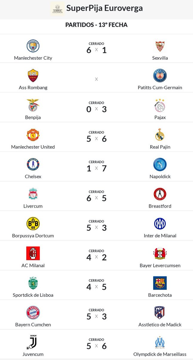 SuperpijaEuro's tweet photo. RESULTADOS Y TABLA DE LA FECHA 13 DE LA #SuperpijaEuroverga 🆚️📋🔥 https://t.co/mrB36DwZny