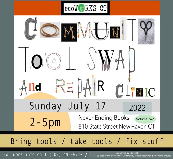 ecoworksct's tweet photo. We're hosting a Tool Swap &amp; Repair Clinic 7/17 2-5pm 🔧✂🔨 - https://t.co/q1xmfnJeZh at Never Ending Books Vol 2 810 State St New Haven - focus on hand, trade &amp; craft tools. Repairs include mending, light carpentry #reuse #barter #recyclect #LSCWRR https://t.co/YC6uGQiBiT
