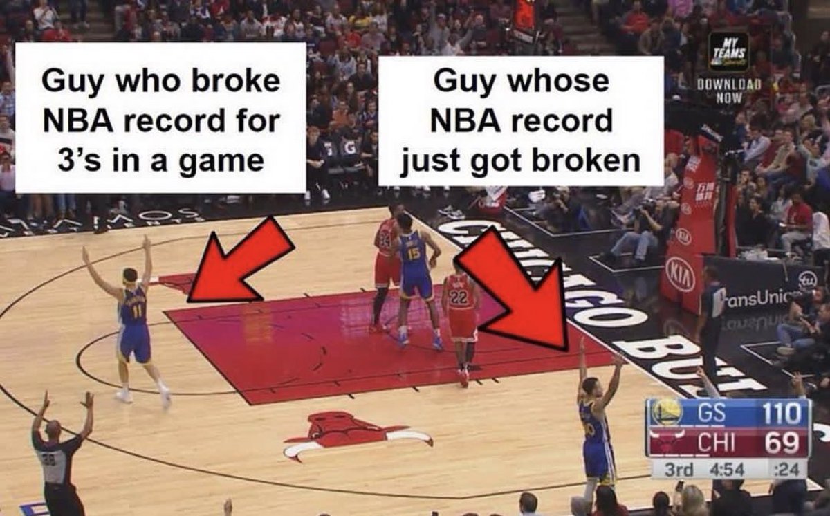 The moment Klay Thompson broke the NBA record for most 3PM in a game (14) vs Bulls 🔥🔥

then look at his teammate, the most unselfish player in the league..
