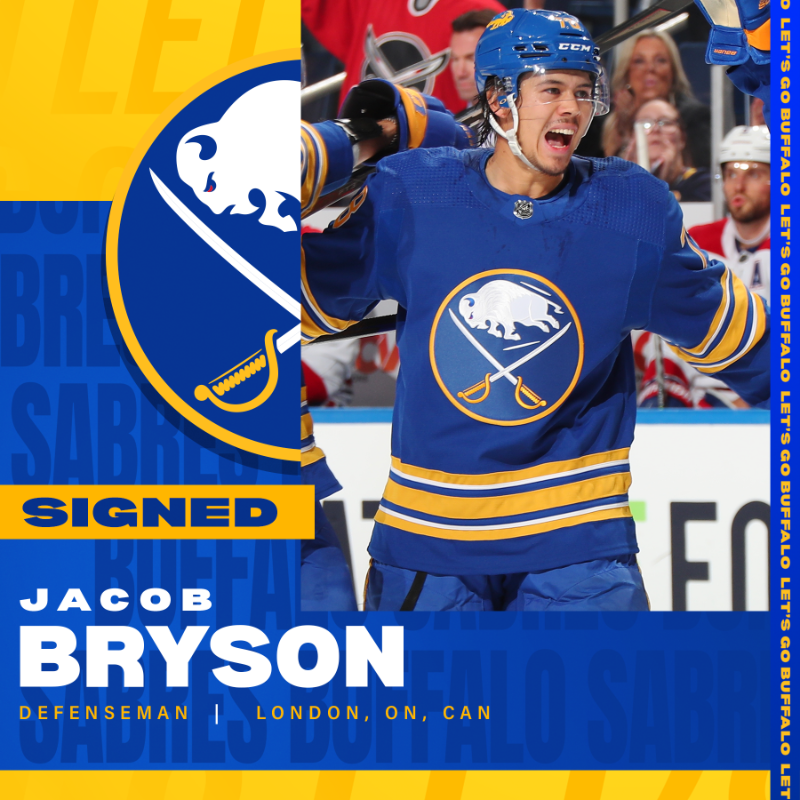 BuffaloSabres's tweet photo. We have signed defenseman Jacob Bryson to a two-year contract with an AAV of $1.85 million.

Welcome back Brys!