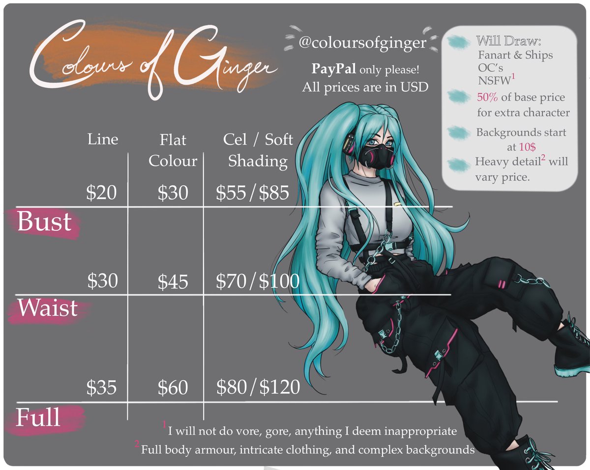coloursofginger's tweet photo. Hello! I finally got around to make a commission sheet! If you’re interested just DM me for any questions or a quote! ~ Joy https://t.co/5erd18dFcK