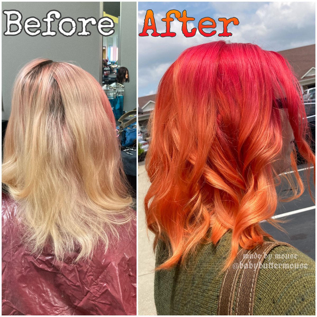 Babybuttermouse's tweet photo. wow! 🤩🤩🤩🤩🔥🌅
super fun Rose Red to Citrus Orange  ombré using @euforaHQ artisan colors! (and a lil root touch up!) 

call in to @AmbersCosmo at 
(765) 284-2205 
and request Mouse!

open Tuesday thru Friday 10:30am-5pm 
and Saturday 8am-1pm https://t.co/LEUwIdAZkW