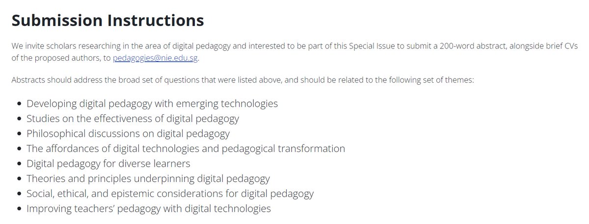 'Pedagogies: An International Journal' calls for #SpecialIssue papers on #DigitalPedagogy.

Abstracts due: 31 Aug 22
Full papers due: 31 Mar 23

More info: think.taylorandfrancis.com/special_issues… #epedagogy #OnlinePedagogy #HigherEd @PressickK @keithheggart @schoolofintedn @educationarena