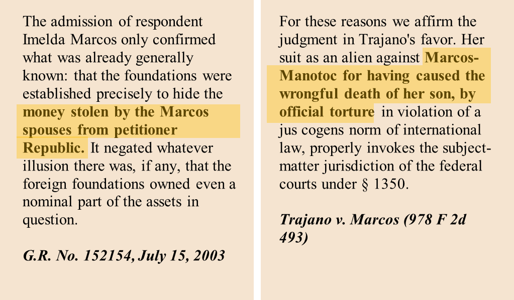 Sabi ni Ella Cruz, nagbabasa naman daw siya. Nag-aaral din daw siya. Aba kung totoong nagbabasa at nag-aaral ka, dapat alam mong Supreme Court mismo ang nagsabing the Marcoses stole from the Republic. At dapat alam mo ring documented ang human rights violations ng mga Marcos.