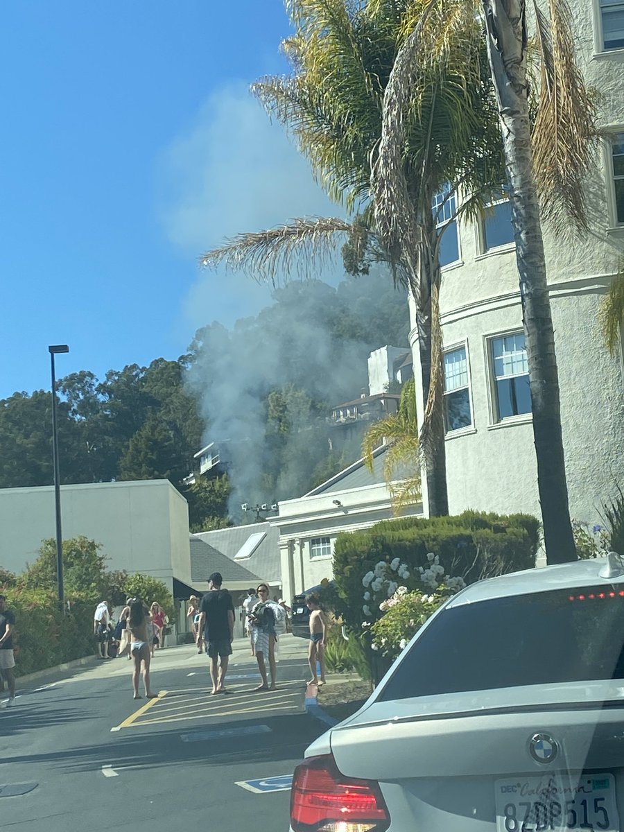 HelenaStarc's tweet photo. Solid house fire behind the @ClaremontHotel. They just evacuated the pool &amp; gym; possibly the hotel next. @berkeleyhills https://t.co/8VI9jGjujC