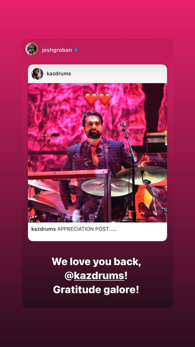 Timpanist's tweet photo. #instastory from .@1Kaz2, repost from @joshgroban "We love you back, Kaz! Gratitude galore." #HarmonyTour #Drummer #Friend #Groband https://t.co/FcCSVxBprY