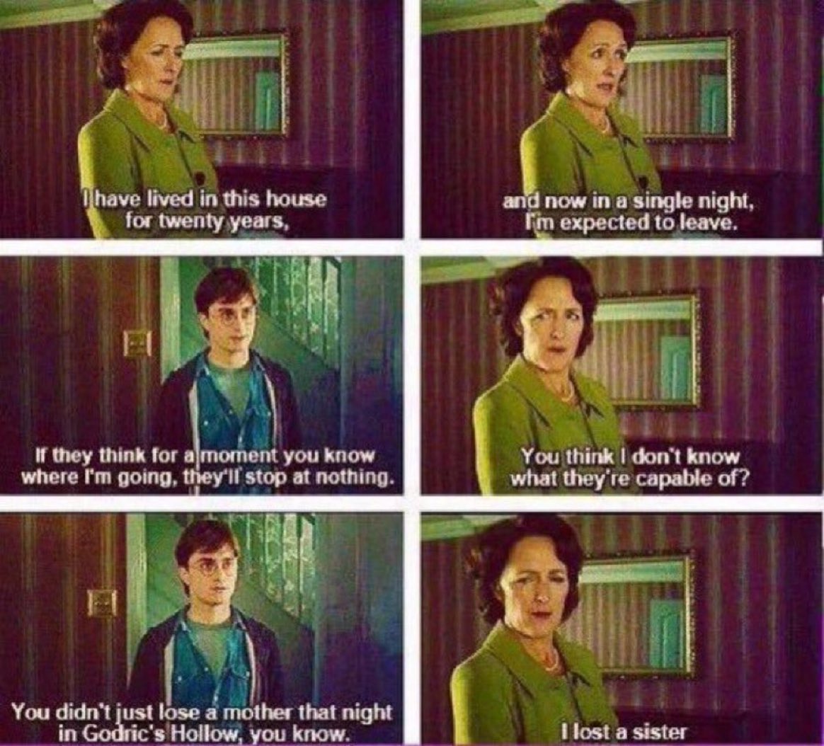 HPotterUniverse's tweet photo. Deleted scene from Harry Potter and the Deathly Hallows Part 1.

#HappyBirthdayFionaShaw https://t.co/jQd6EWCNiK