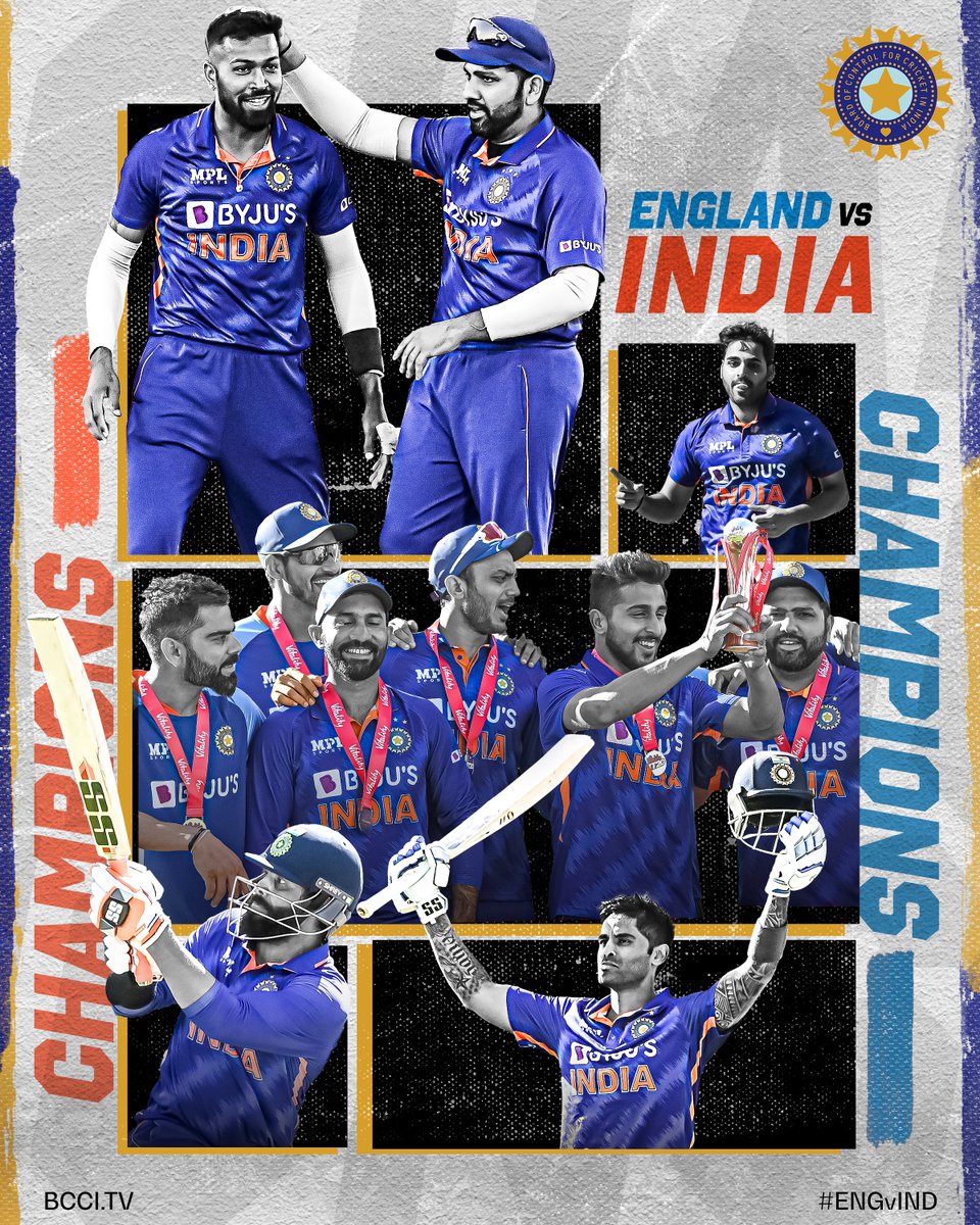 BCCI's tweet photo. 𝗖. 𝗛. 𝗔. 𝗠. 𝗣. 𝗜. 𝗢. 𝗡. 𝗦! 🏆

Winners of the #ENGvIND T20I series. 👌👌

Congratulations #TeamIndia! 👏👏 https://t.co/idKTT3gfdO