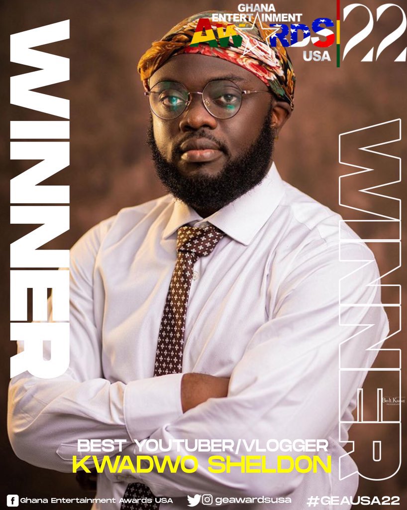 kwadwosheldon's tweet photo. Ghana Entertainment Awards USA 2022 

Winner for Best YouTuber/Vlogger .

Thank you. https://t.co/woVMRIimoY