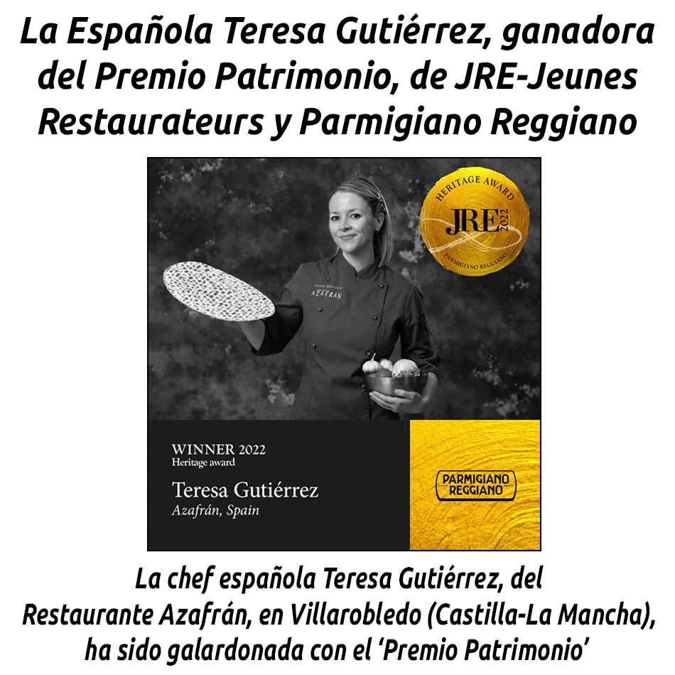 Hostelería en Valencia (Periódico Gastronómico) (@hosteleriaenvlc) on Twitter photo La Española Teresa Gutiérrez, ganadora del Premio Patrimonio, de JRE-Jeunes Restaurateurs y Parmigiano Reggiano
hosteleriaenvalencia.com/noticias.asp?i…
<a href="/TeresaTopChef/">Teresa Gutiérrez</a> <a href="/JRErestaurants/">JRE - Jeunes Restaurateurs</a> <a href="/theonlyparmesan/">Parmigiano Reggiano</a> #azafranvillarrobledo #TeresaTopChef #JRErestaurants #parmigianoreggiano #HosteleriaEnValencia La Española Teresa Gutiérrez, ganadora del Premio Patrimonio, de JRE-Jeunes Restaurateurs y Parmigiano Reggiano
hosteleriaenvalencia.com/noticias.asp?i…
<a href="/TeresaTopChef/">Teresa Gutiérrez</a> <a href="/JRErestaurants/">JRE - Jeunes Restaurateurs</a> <a href="/theonlyparmesan/">Parmigiano Reggiano</a> #azafranvillarrobledo #TeresaTopChef #JRErestaurants #parmigianoreggiano #HosteleriaEnValencia