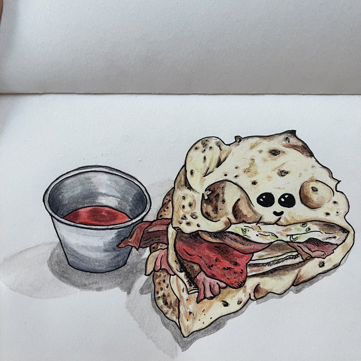 Today’s Sketching Sunday is brought to you by a bacon & egg naan roll 🫓 from @dishoom from when @bristoleating and I went to Manchester last week to see @kulashakerofficial at @alberthallmcr #naanroll #lucysparrow #eggandbacon #naanbread #dishoom #ketchup #sketching  #drawing