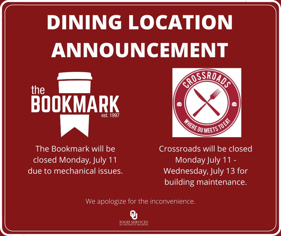 Crossroads in the Union will be closed this Monday, Tuesday and Wednesday for building maintenance, and The Bookmark will be closed all day Monday due to mechanical issues. We're sorry for the inconvenience.