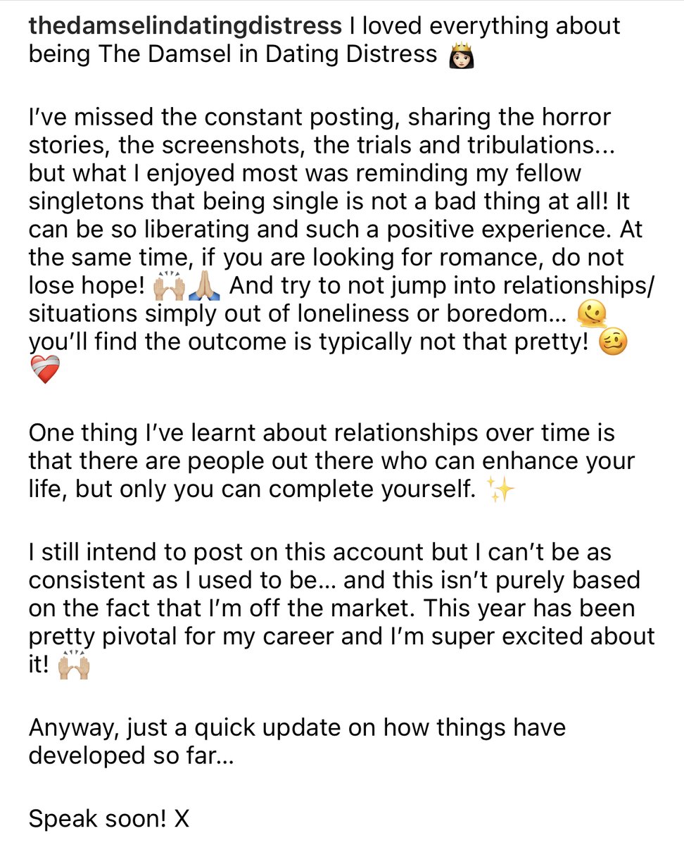 damseldating's tweet photo. Apologies, I was meant to post this a few weeks back... had to screenshot the caption from my IG page as there aren't enough characters! #datingupdate #lovelife #oneyearon #relationships #dating https://t.co/oY7qWiuHuM