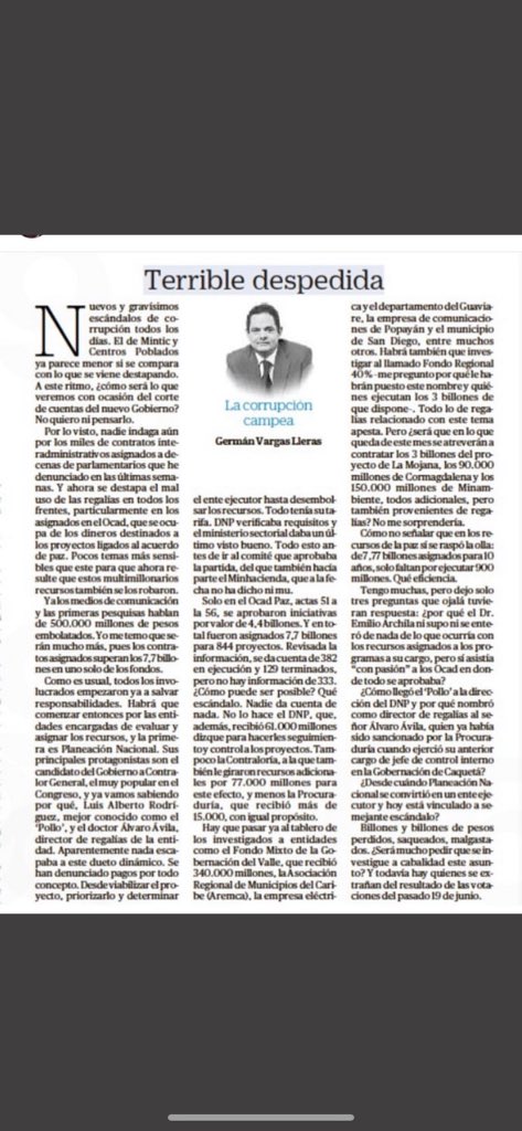 SebastianNohra's tweet image. Durísima pero certera columna de @German_Vargas sobre el escándalo de la Paz.