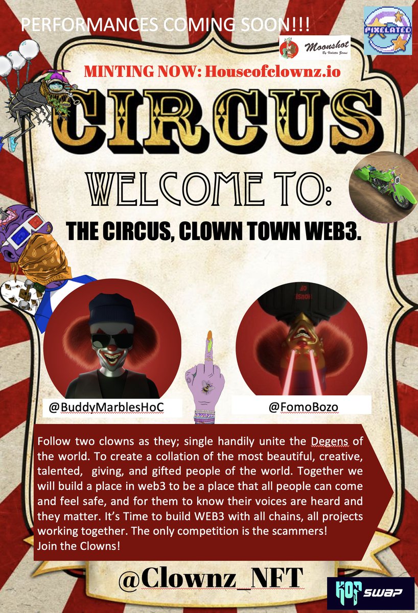 BuddyMarbleshoc's tweet photo. Welcome to The Circus, Clown Town WEB3 Performance theater and extravaganza!The Clowns are about giving... Give give give and the more you will receive! 

Follow: @clownz_nft @BuddyMarbleshoc @FomoBozo 

Minting Now: https://t.co/7H35JyUEJd 

Join the Clowns! Dont eat the Popcorn https://t.co/M7weE8U1IB
