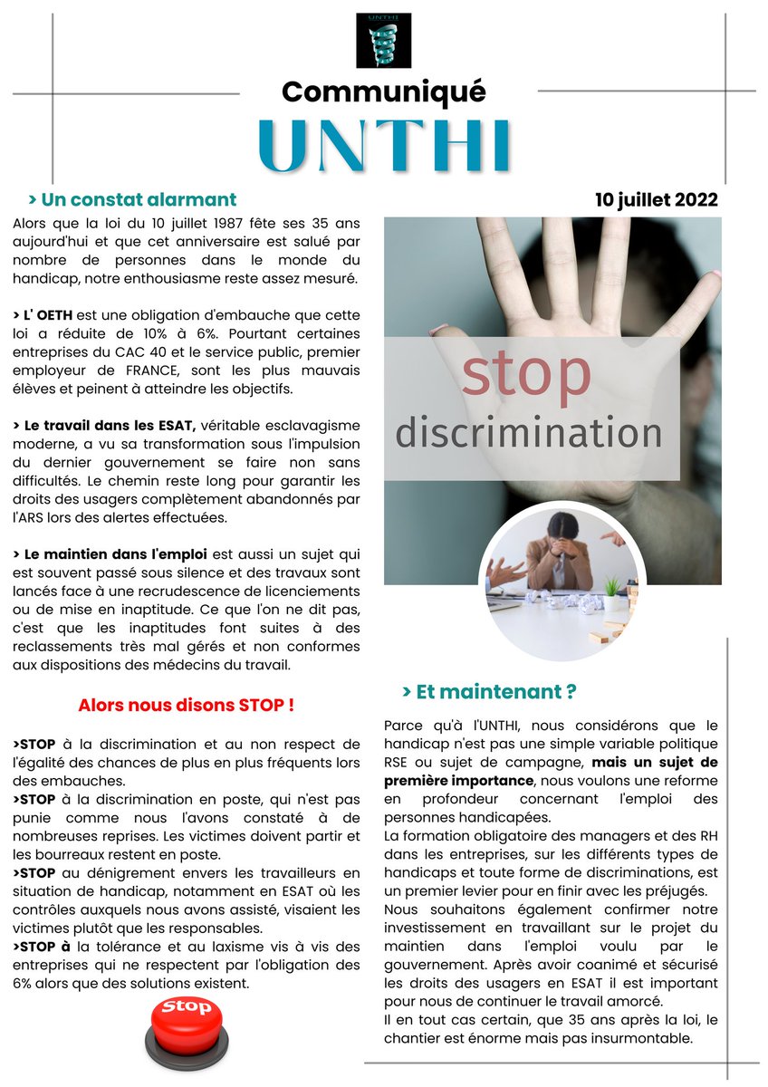 SyndicatUnthi's tweet photo. Voilà 35 ans que la du 10 juillet 1987 instaurait l'#OETH, les ESAT...
Notre constat est sans appel concernant l'#insertion et l'#inclusion des personnes en situation de #handicap dans le monde du #travail.

@gdarrieussecq @Elisabeth_Borne @olivierdussopt @JCCOMBE @Travail_Gouv https://t.co/NTPxKCmPxE