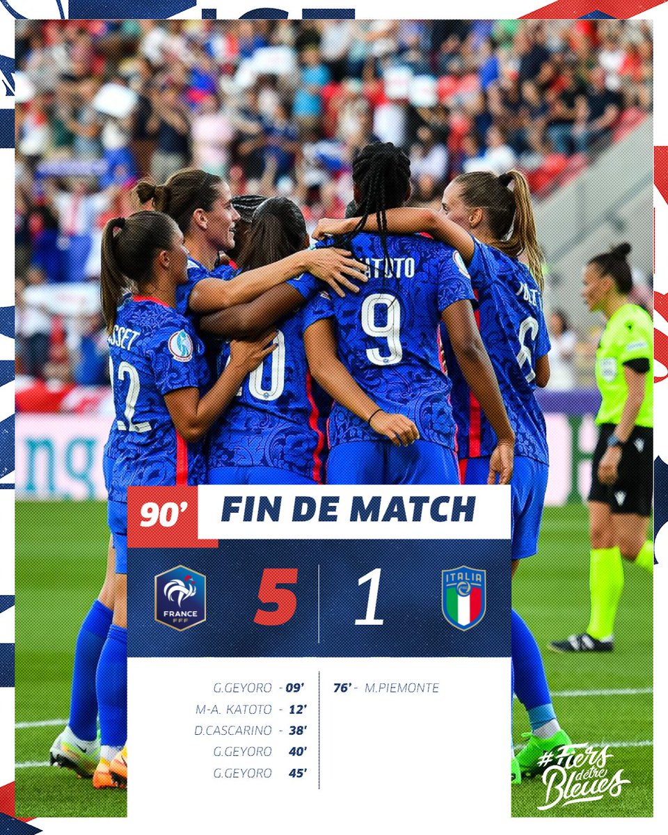 equipedefranceF's tweet photo. 🔥ᴄᴏᴜᴘ ᴅᴇ sɪғғʟᴇᴛ ғɪɴᴀʟ🤩

Entame parfaite pour les Bleues après leur victoire 5️⃣-1⃣ face à l'Italie !
🔜 🇫🇷🇧🇪 jeudi à 21h

#FRAITA #FiersdetreBleues https://t.co/yMkZDJuhhl