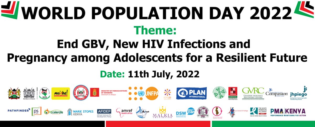 This year, we mark #WPD on 11th July, 2022 with the theme; 'End GBV, New HIV Infections & Pregnancy among Adolescents for a Resilient Future'. 
#WorldPopulationDay2022KE 
@maisha_youth011 @Planning_Ke @InteriorKE @UNFPAKen @NACC_Kenya @gender_ke @AKabelo @cbs_ke @MaishaYouth