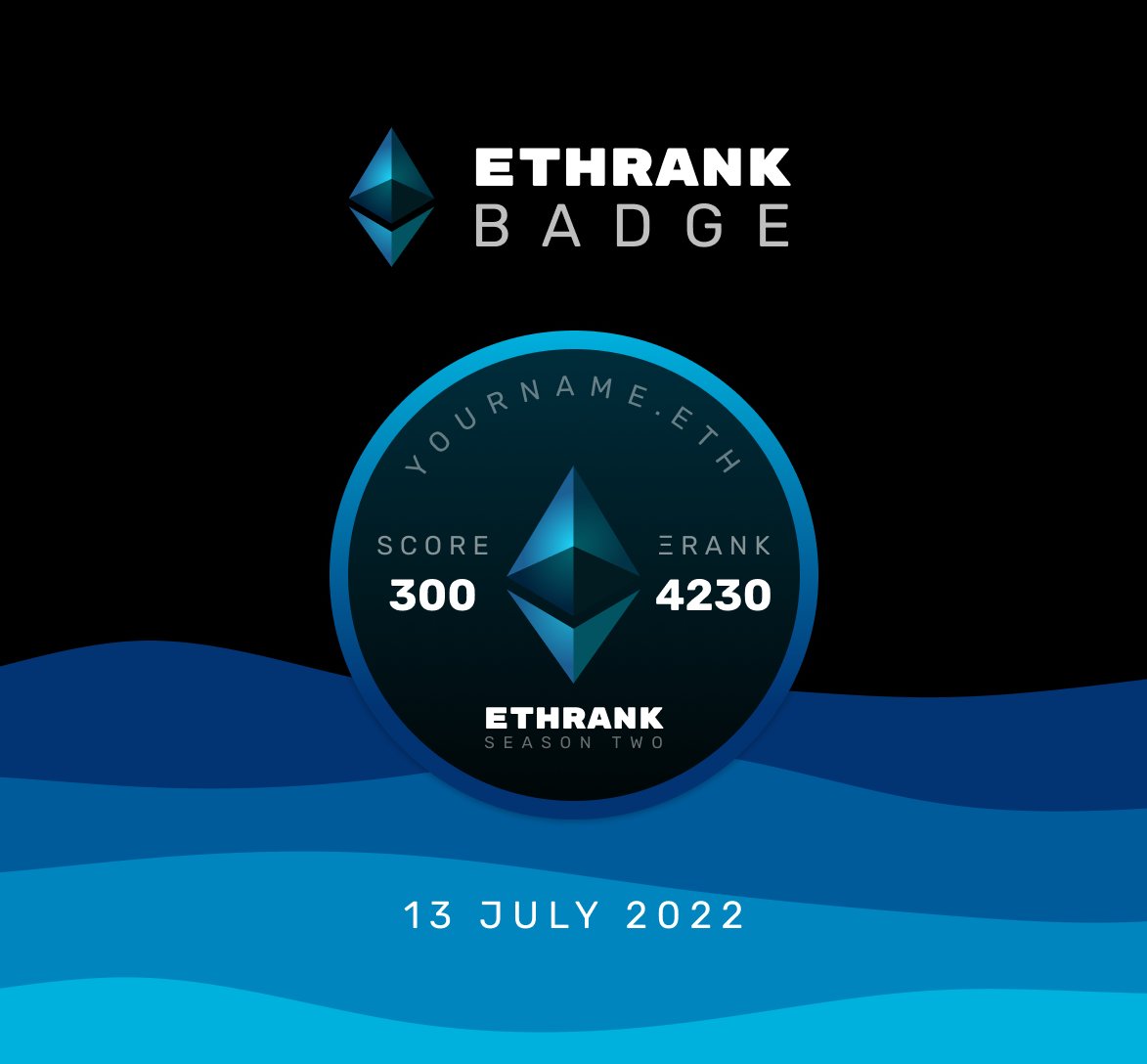💎 MINT ANNOUNCEMENT 💎

Season Two Dynamic Badges - animated NFTs that update daily using on-chain activity.

For VIP:
- ETHRank.io score at least 500, or
- Own a Season One Dynamic Badge, or
- Follow + RT + tag 2 for a chance 2 join VIP list

Minting Wednesday