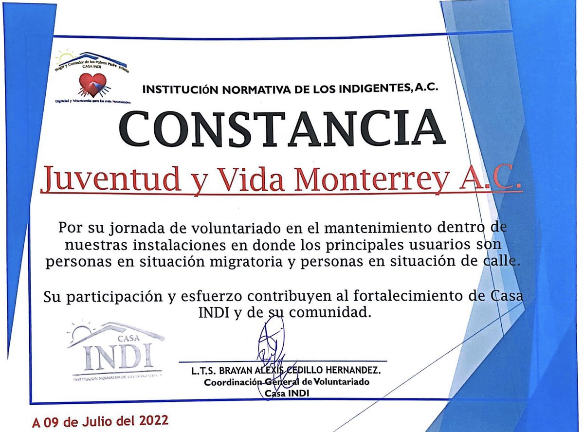 De parte de Juvi Mty agradecemos a Casa INDI por permitirnos participar en este voluntariado para así contribuir a la gran labor que realiza día con día  con la comunidad de migrantes e indigentes