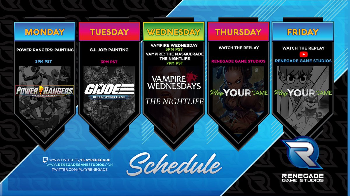 PlayRenegade's tweet photo. Our upcoming Twitch streaming week involves painting in the light, and playing in the shadows! 🎨🧛🏻♀️ Two miniature painting streams are planned for you, and a double dose of darkness for #VampireWednesday!
Full Schedule: https://t.co/ov5PuP9tjS https://t.co/ASL9sWf54q