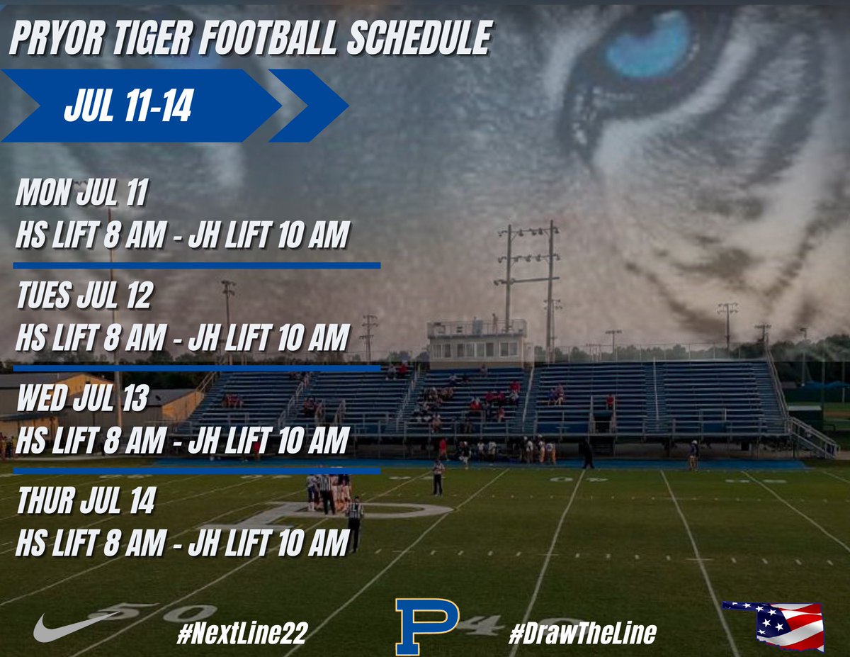 PryorTigerFB's tweet photo. Hope everyone had a great week off! Iβm excited to get back to work tomorrow. Only 4 weeks until football practice, need everyone there preparing for a great season!
#NextLine22 https://t.co/YsJoPPv0PN
