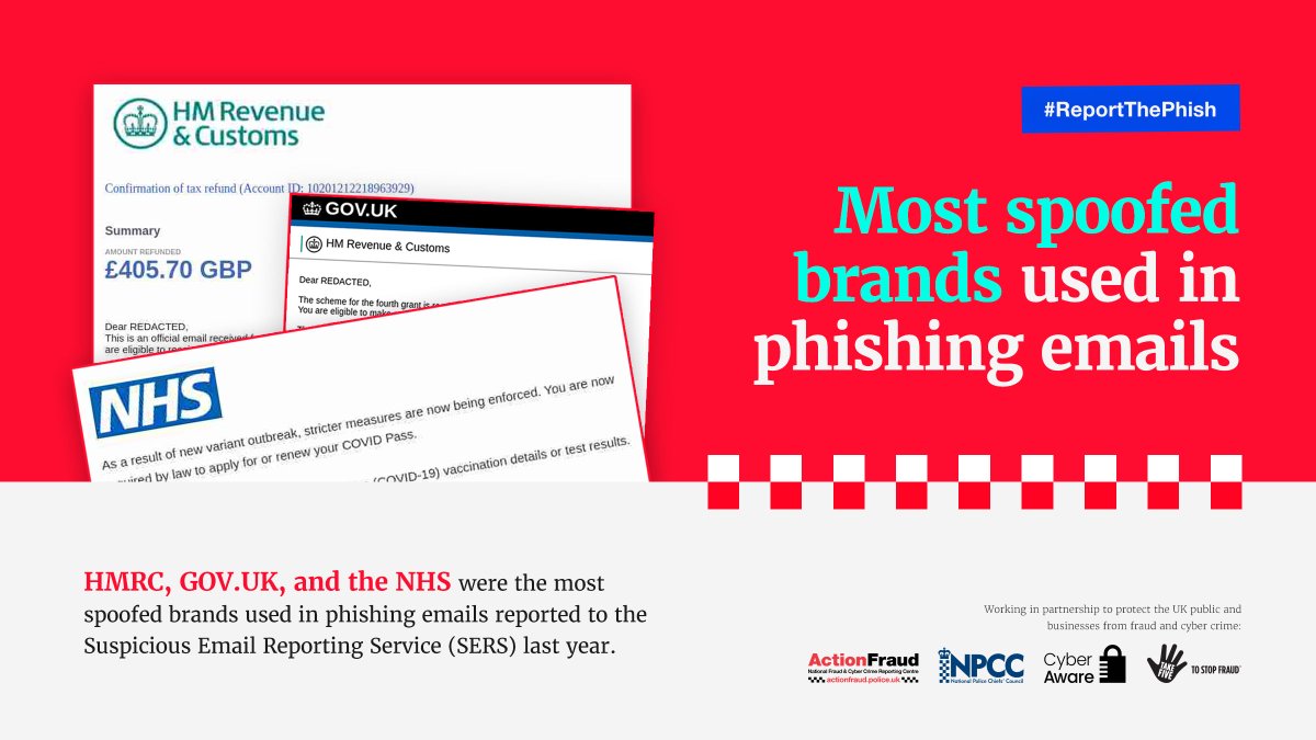 Action Fraud (@actionfrauduk) on Twitter photo Received a fake email claiming to be from the NHS, HMRC, or GOV UK? You aren’t alone. They were the most impersonated organisations used in phishing emails reported last year.
👉Report suspicious emails by forwarding them to: report@phishing.gov.uk
#ReportThePhish Received a fake email claiming to be from the NHS, HMRC, or GOV UK? You aren’t alone. They were the most impersonated organisations used in phishing emails reported last year.
👉Report suspicious emails by forwarding them to: report@phishing.gov.uk
#ReportThePhish