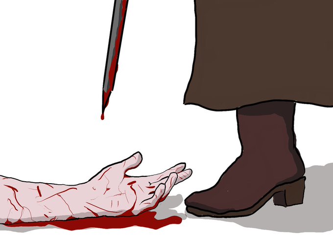 Drawing of a bare arm, on the ground, bearing numerous bloody cuts, lying in a pool of blood. Beside it a boot and the hem of a dress or skirt, and the tip of a bloodied sword.