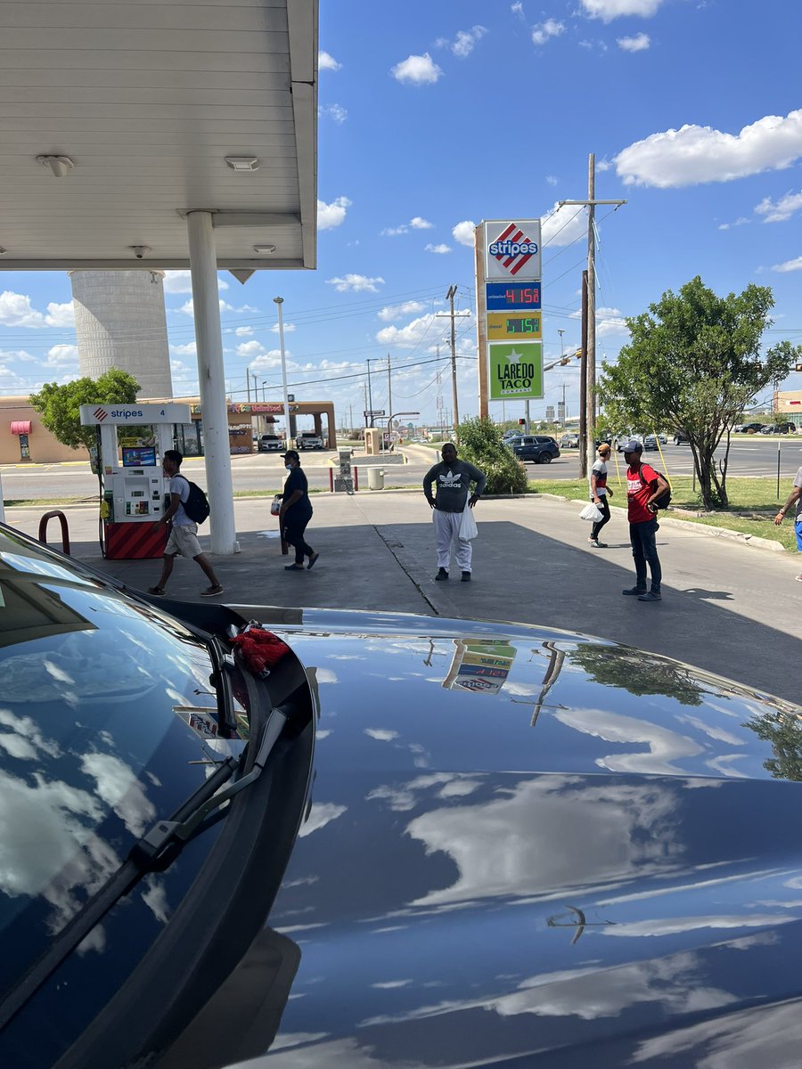 A group of male migrants released from federal custody after crossing illegally are gathering at a Stripes gas station here in Eagle Pass. They asked us where the bus to San Antonio is. Inside, they are able to purchase bus tickets. It’s a common migrant drop off spot. @FoxNews