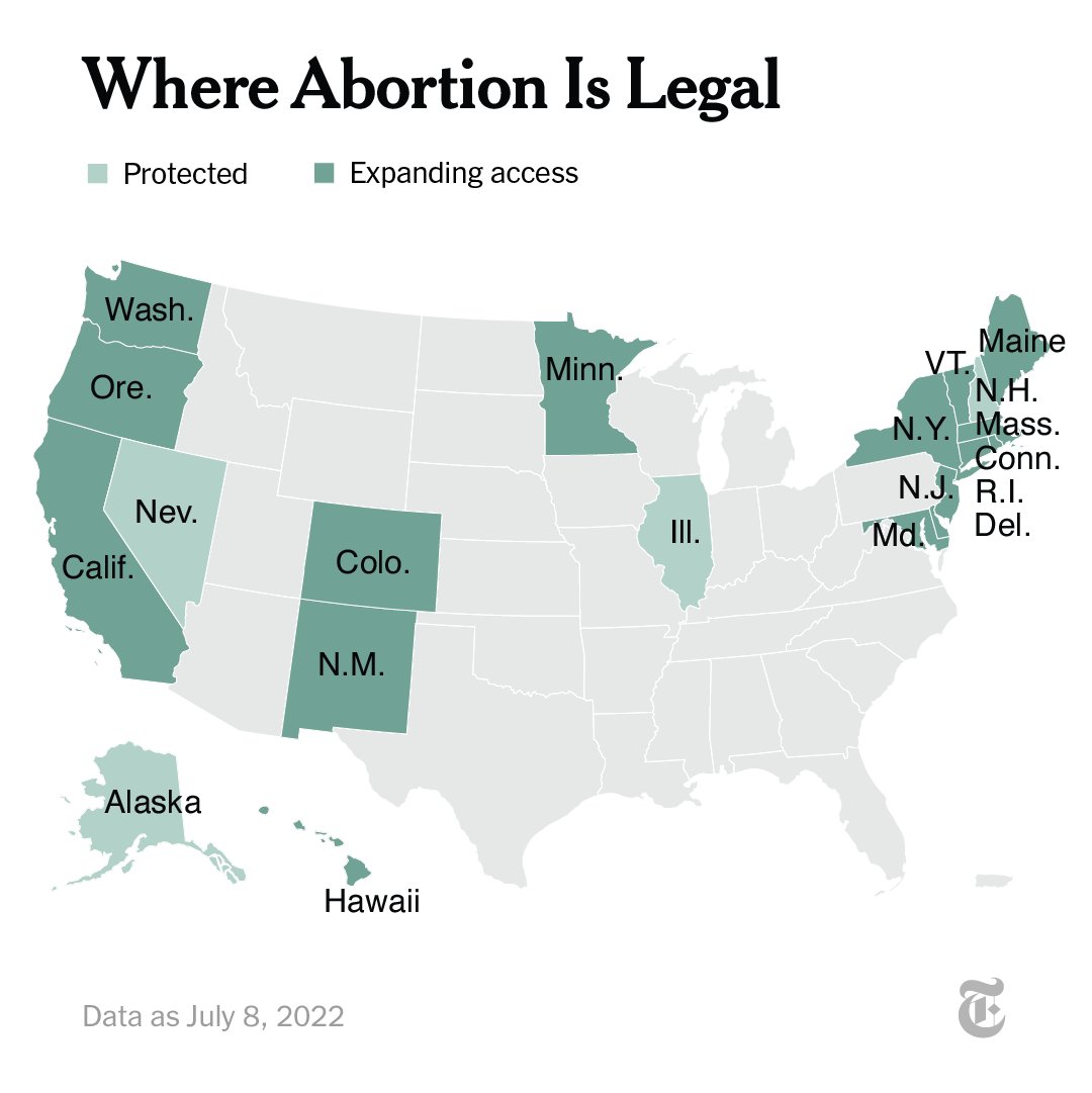 nytimes's tweet photo. These states are expected to maintain the right to an abortion. Colorado, Maine and Rhode Island have recently joined other states in expanding access. 
https://t.co/VQlWpC2EPX https://t.co/Ywl1C0e7be