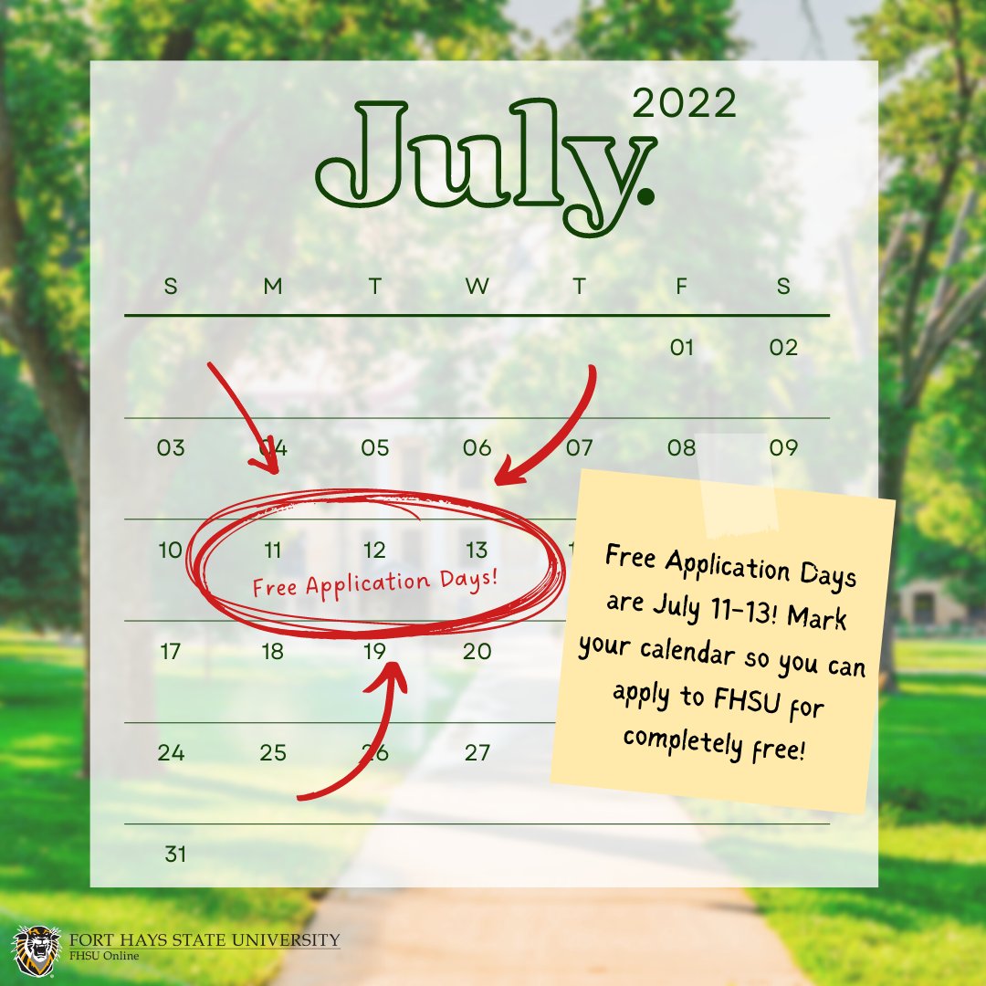 FHSUOnline's tweet photo. Thinking about applying to FHSU? Free Application Days for FHSU Online undergraduate students are 7/11 - 7/13. #FHSUFreeAppDays https://t.co/bJZpHCG9bL