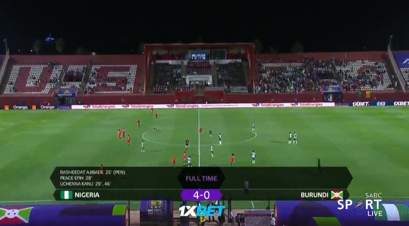 Foetbal247TBG's tweet photo. FT Nigeria 4 Burundi 0. Nigeria will face Cameroon in the Quarter finals after finishing second in the group. #NGABDI #WAFCON2022 #TotalEnergiesWAFCON2022 https://t.co/stjvH6eluY