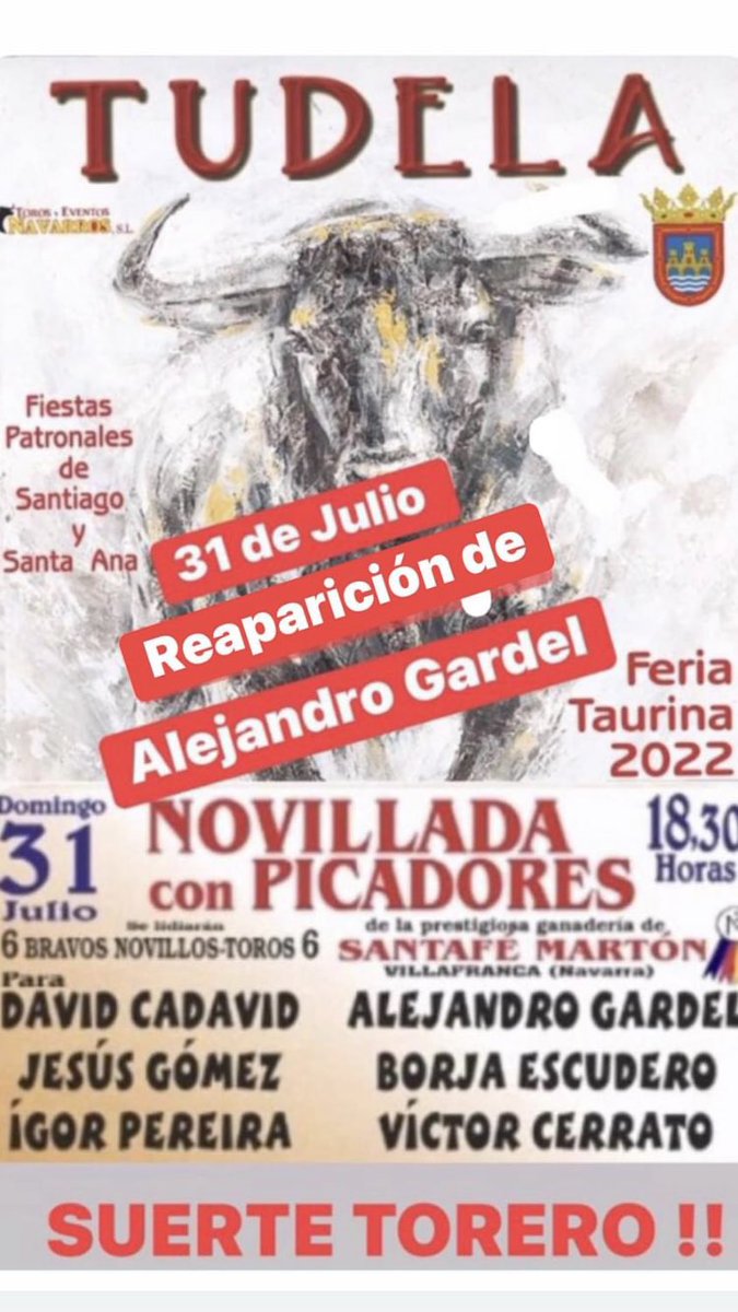 ¡Vuelve Alejandro Gardel!

🚩 Primera fecha confirmada donde comienza su regreso a los ruedos tras una larga recuperación física.

🗓️ 31 Julio 2022
🏟️ Tudela (Navarra)
🐂 Santafé Martón