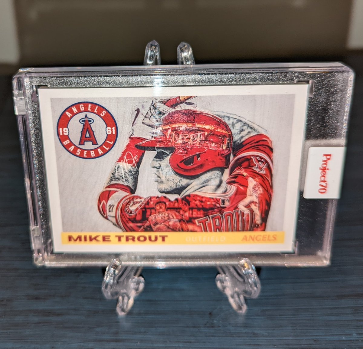 #Giveaway -- Here's one of my favorite Topps💚Project70💚cards (and I don't typically dig horizontals).  Another masterpiece by <a href="/ltillustrations/">Lauren Taylor</a> - 1955 Mike Trout.  Free to random follower+retweeter, selected Monday night. Good luck and 💚Project70💚to the moon!
