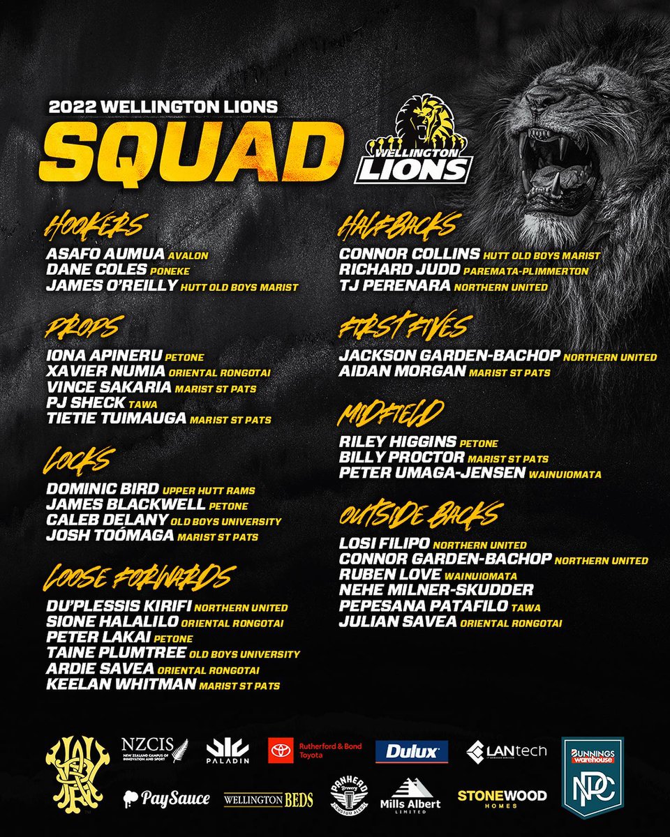WgtnRugby's tweet image. Our Lions squad for the upcoming 2022 Bunnings Warehouse NPC campaign 🔥

The Lions will begin their Premiership competition in RD1 against Bay of Plenty at Sky Stadium on Sun 7 August at 4:35pm. 

Read more: bit.ly/3awjJWr