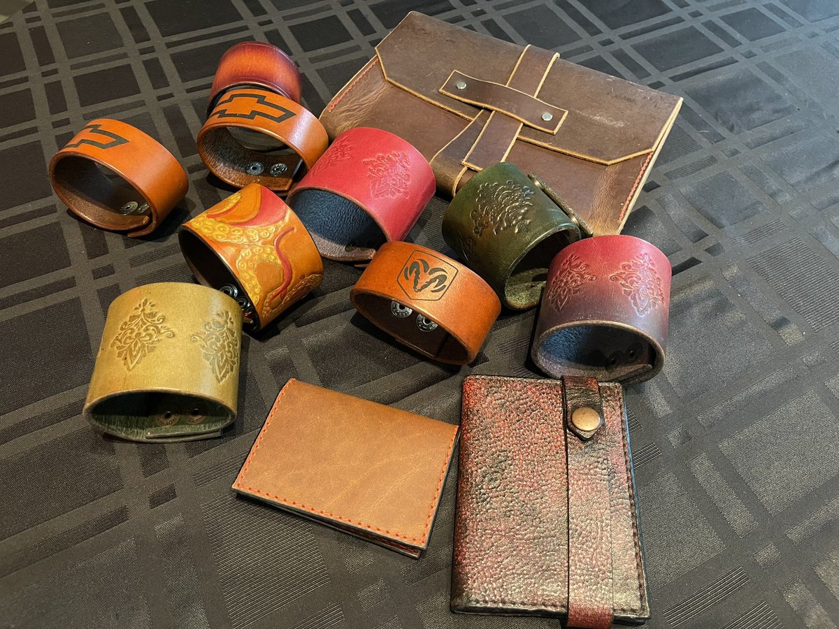 All of this is available for sale. All handmade by me. cuffs, car wallet, mini notebook, and a small bag  #andrewjlleather #leathercuff #leatherbracelet #leathercardeallet