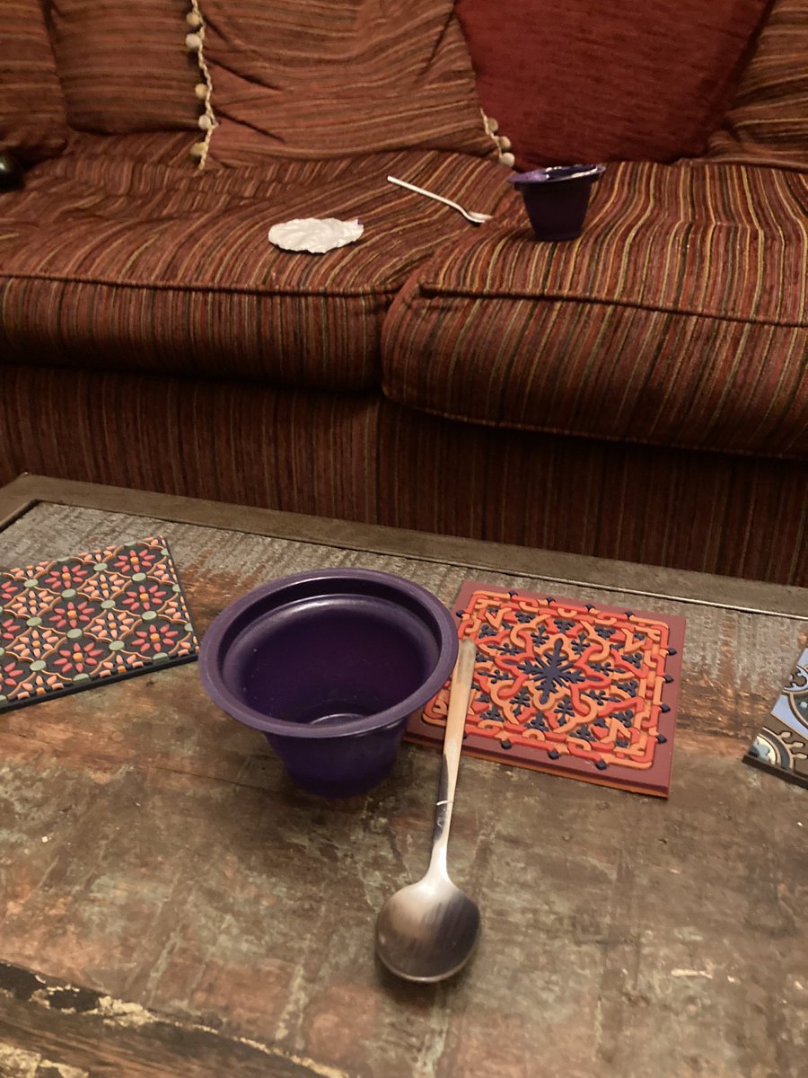 Theboyonabike's tweet photo. Wife’s and daughter’s brazen abandonment of their Cadbury #PotsofJoy detritus, for me to tidy before bed, is a clear signalling of the waning of the patriarchy in these parts. https://t.co/HRyOpPwsjW