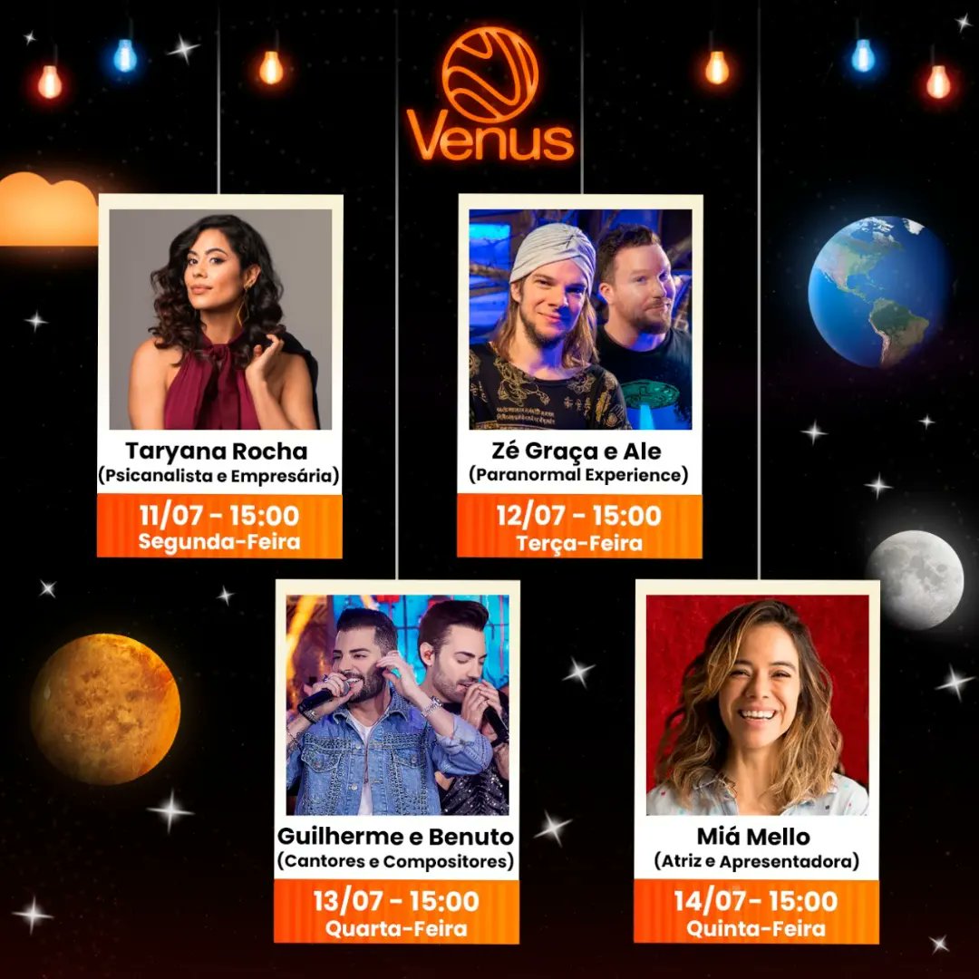 AGENDA DA SEMANA

• SEG 11/07 - 15:00 - Taryana Rocha
• TER 12/07 - 15:00 - <a href="/zgraca/">Ze Graça Guru Himalaia 🇳🇵</a> e Alexandre Ache
• QUA 13/07 - 15:00 - <a href="/guilhermebenuto/">Guilherme e Benuto</a>
• QUI 14/07 - 15:00 - <a href="/MiaMello/">Miá Mello</a>

🚀🧡