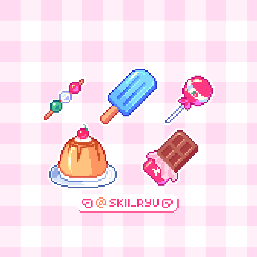 Badges in the Sweets theme as you guys chose!🍡
Tell me which one is your fav in the comments! ><
#pixelart #aesthetic #ドット絵 #kawaii