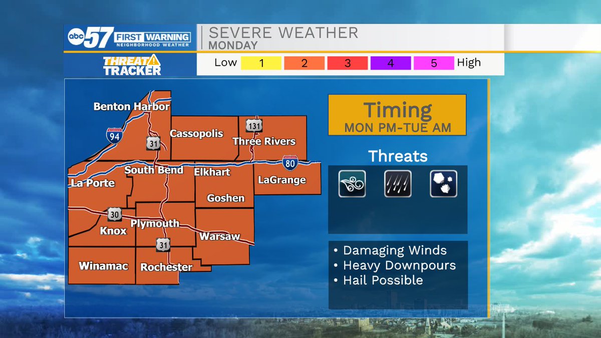 jhammer2381's tweet photo. Isolated showers and storms will impact Michiana tomorrow. The strong to severe potential will arrive during the evening hours and linger into early Tuesday morning. https://t.co/v25B3XVnuX