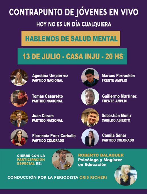 Éste Miércoles el <a href="/inju_uy/">INJU Uruguay</a> nos abre sus puertas para conversar sobre Salud Mental. Una excelente oportunidad para compartir puntos de vista sobre un tema que nos ocupa y nos preocupa a todos como sociedad.

Junto a <a href="/crisricheri/">Cris Richeri</a> y con la participación especial de <a href="/robertobalaguer/">robertobalaguer</a>
