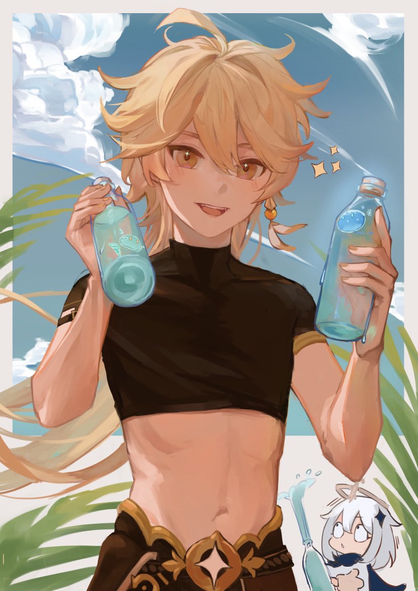 ⠀⠀⠀ 
⠀⠀⠀ ❝ let's keep hydrated! ❞ 

⠀⠀⠀ the summer is always hot, and afraid of the reader forgetting his bottle of water, Aether brought two!

⠀⠀⠀ #SeductiveSunday 
⠀⠀⠀