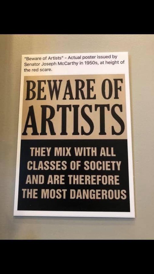 Gntgraphics's tweet photo. #bewareofartists #poster #JosephMcCarthy #McCarthyism #theredscare #allclasses #society #dangerous https://t.co/3XZvDWc5La