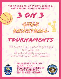 On Wednesday, July 13th, the #SLMPD North Patrol Division &amp; <a href="/palstl/">PALSTL</a> will be hosting this fun event for girls ages 8-18! Lunch will be provided &amp; #OperationPolarCops will be handing out cold treats!🍦#STL