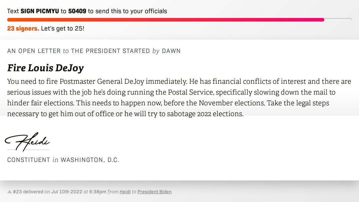 openletterbot's tweet photo. 🖋 Sign “Fire Louis DeJoy” and I’ll deliver a copy to your officials: https://t.co/gR1QMOc3P3

📨 No. 23 is from Heidi to @POTUS #DCAL #dcision20 https://t.co/nNfJ3Av1D5